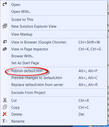 Context menu with Publish selected file circled.