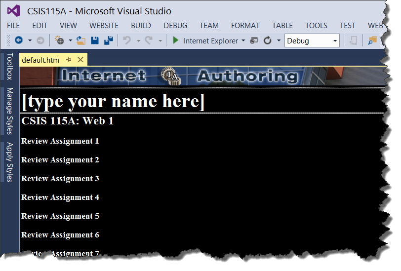 Week1 default.html file open in Visual Studio.