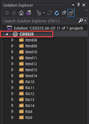 Solution Explorer with the CSIS525 Web site open in Visual Studio.