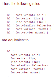 An example of several CSS rules being organized into a single multi-declaration rule.