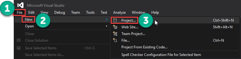 File --> New --> Project menu selection.