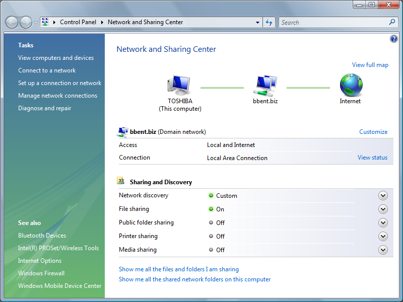 Windows Vista Network and Sharing Center dialog box.
