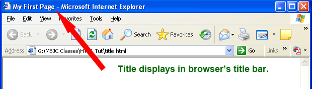 image shows a Web browser's title bar displaying the my first page text that was typed in the title tag of the head section of the html page.