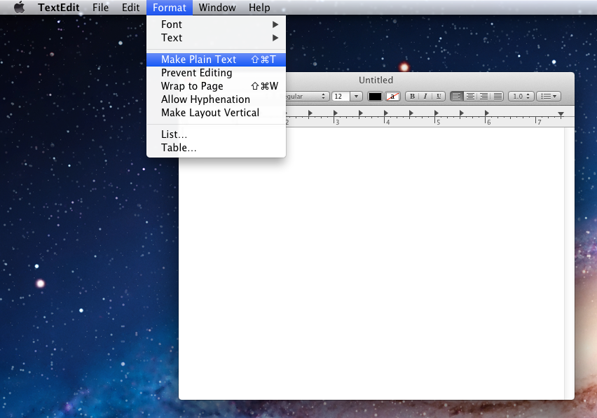 The Make Plain Text option higlighted in the Format menu of the TextEdit application.