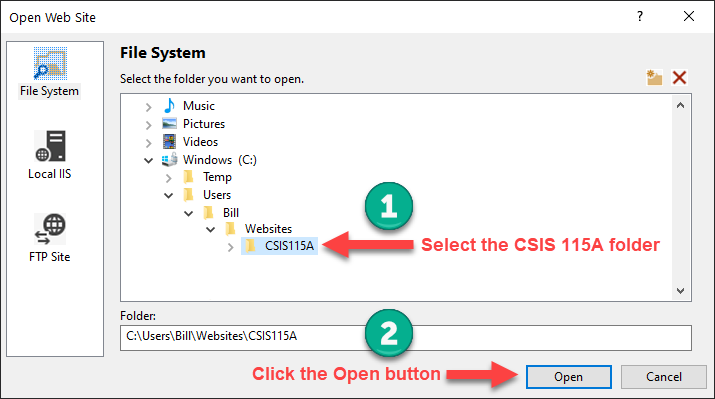 The Open Web Site dialog box.