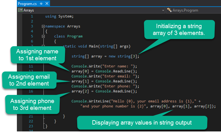 balloons highlighting the assignment operator in the code, the statment used ti initialize the array, and the statement which outputs the values from the array to the console window.