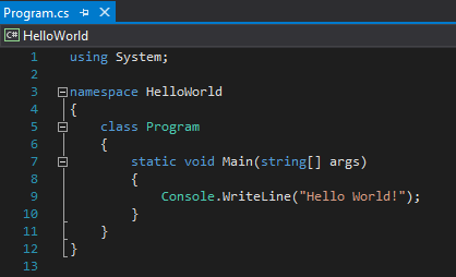 The HelloWorld program written in C# code display the using System directive on line 1.