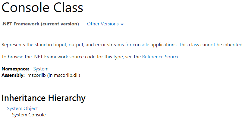 Top section of the C# Console class page.