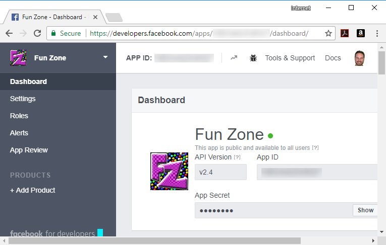 Image showing a sample facebook developer's dashboard screen.
