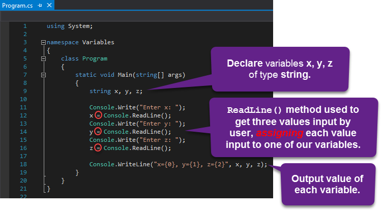 sample code dissection showing variable declaration, assignment of input values to variables, and output of varaible values.