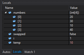 Image of the locals tab in the locals window. In the left column is a list of the variables in the running program and in the right column their corresponding values are displayed.