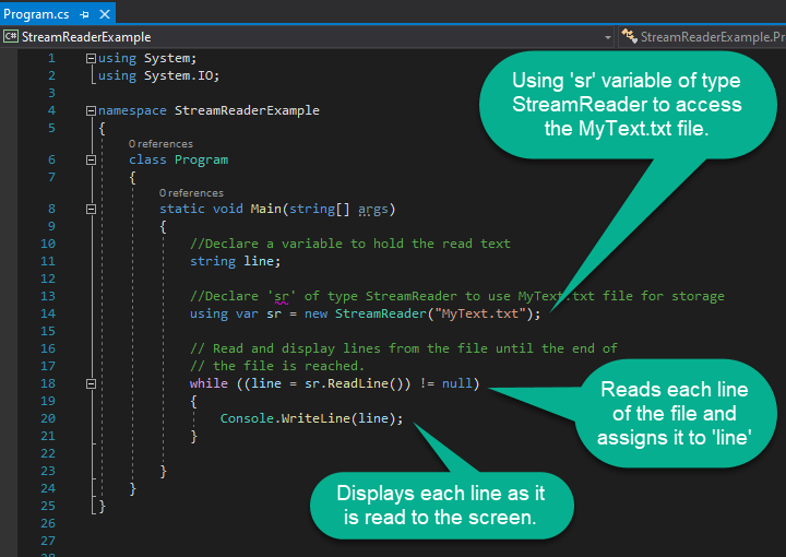 Image highlights the initialization of the sr variable of StreamReader type with a new instance of a StreamReader object with the argument of TestFile.txt passed to it.