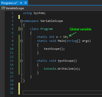 Global variable example showing initialization of the variable above the Main() method's signature, but still inside of the Program class.