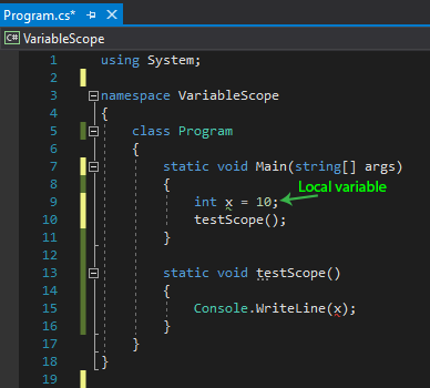 Local variable example showing declaration inside of the Main() method.