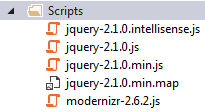 Image of my scripts folder with the newer versions of jQuery.