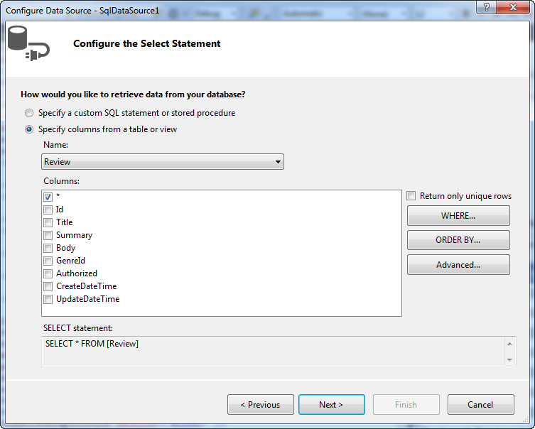 Configure Select Statement dialog box.