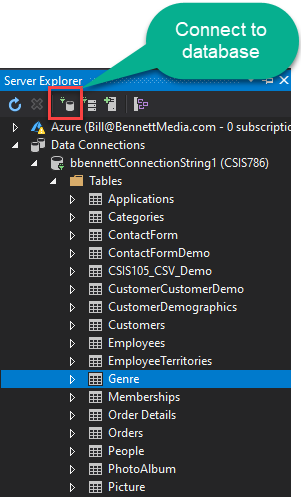 Server Explorer window with Connect to Database button higlighted.