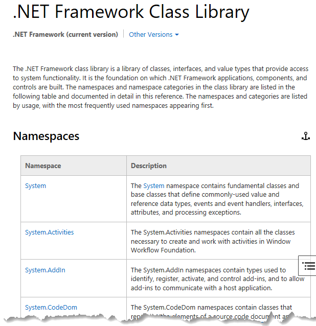 The .NET Framework Class Libray page showing a listing of namespaces.