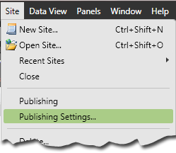 Expression Web 3 Site Menu with Publishing Settings selected.