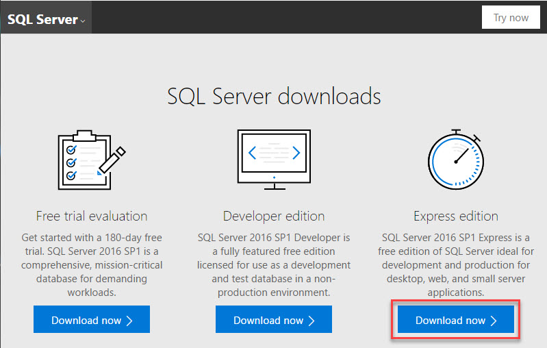 Image of the SQL Server downloads screen.