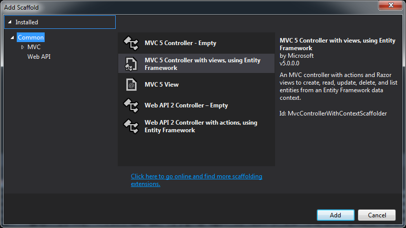 Screenshot of the Add Scaffolding dialog box.