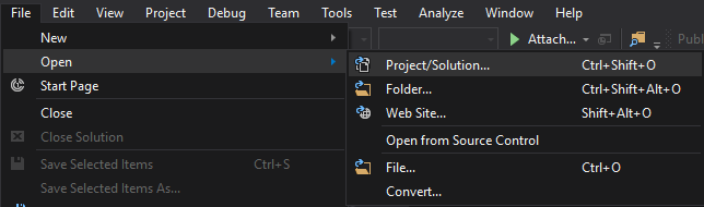 file-->open context menu listing project/solution, folder, Web site, Open from Source Control, File, Convert.