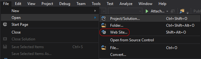 The Visual Studio File Open Website sequence.