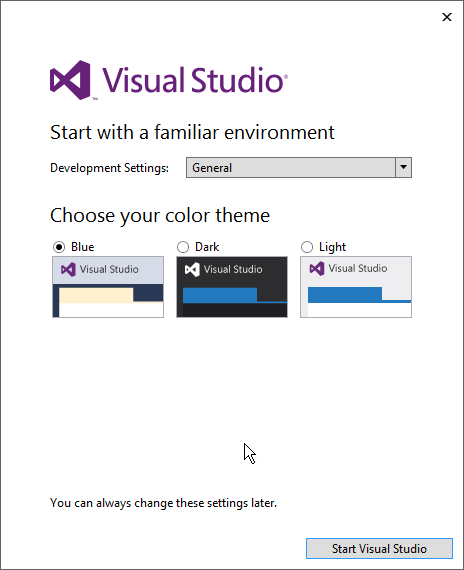 Image of the Environment Settings screen you will see when opening Visual Studio for the first time.
