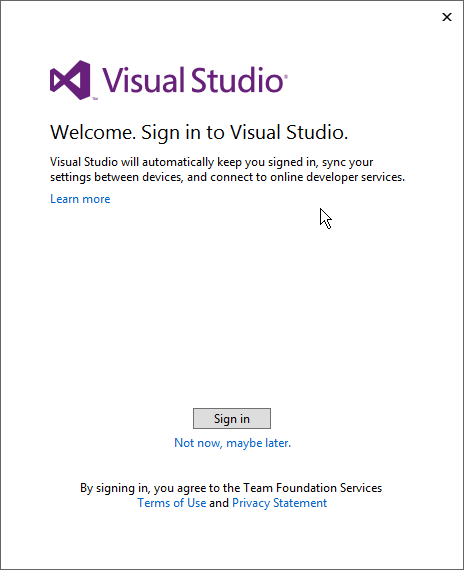 Image of the screen you will see the first time you open Visual Studio.