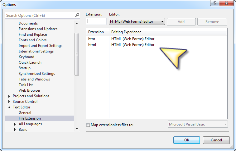 Image of the Text Editor File Extensions dialog box with htm and html mapped to the HTML (Web Forms) Editor.