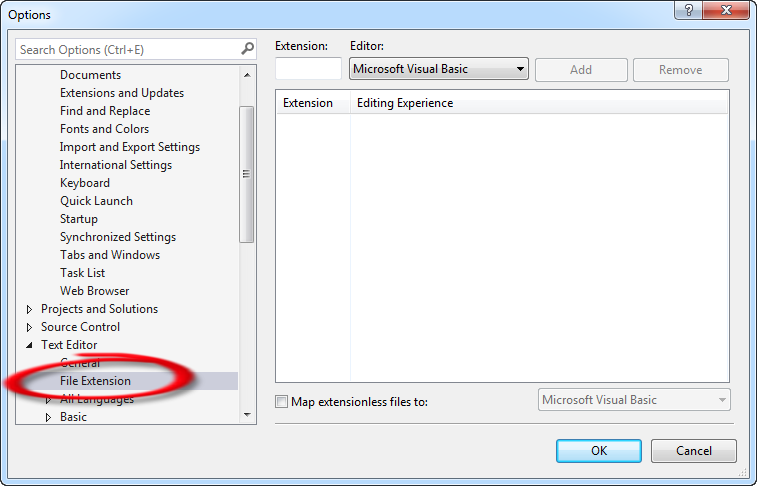 Image of the File Extexnsion option selected under the Text Editor category.