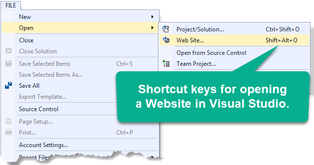 Screen capture of the Visual Studio File menu opened to the Open Web Site selection.
