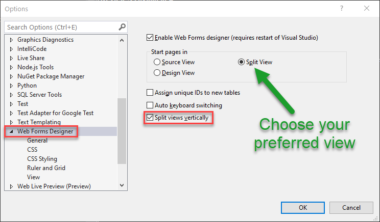 Image of the Split View option selected in the settings pane for the HTML Designer.