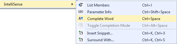 Image of the options on the Edit-->IntelliSense menu.