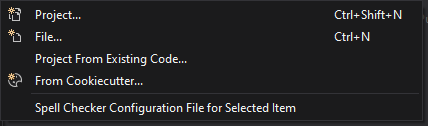 File --> New context menu displaying the options Project, Web Site, Repository, File, and Project From Existing Code.