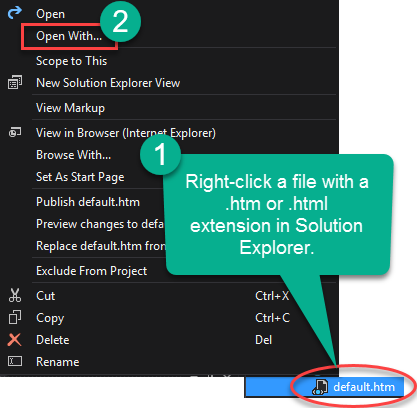 Image of the Open With... menu in Solution Explorer.