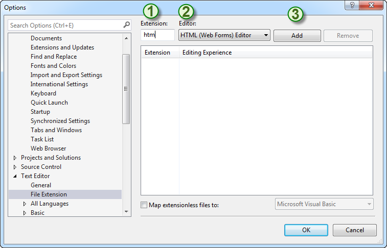 Image showing the three steps used to map a file extension to the HTML (Web Forms) Editor.