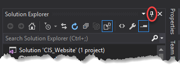 Image of the Solution Explorer window with the push pin in its pinned open position.