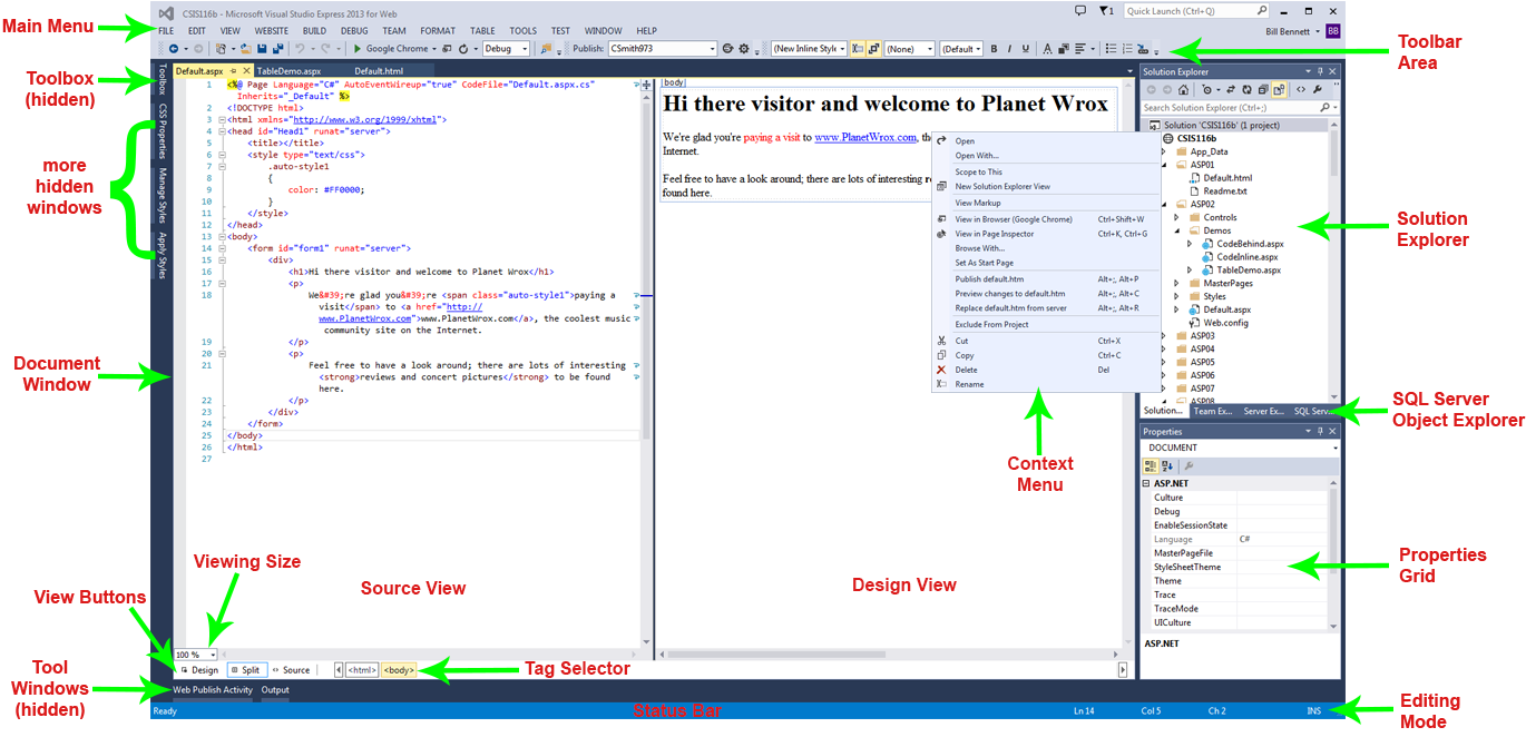 The Visual Studio GUI with its major components labeled.