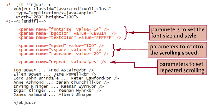 Image displaying the code added for the CreditRoll applet parameters.