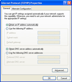 screenshot of TCP/IP properties dialog box with DHCP turned on.