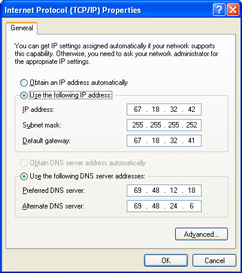 screenshot of the TCP/IP properties dialog box with a static public address.