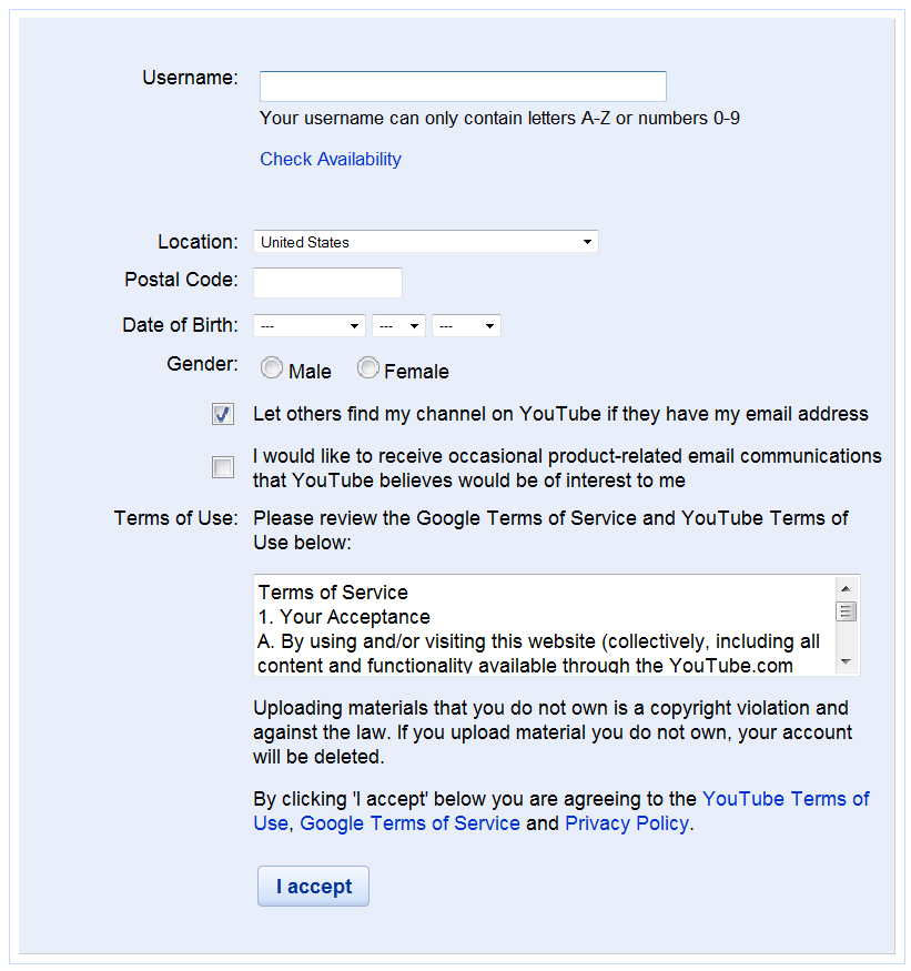 YouTube.com Create Account form.