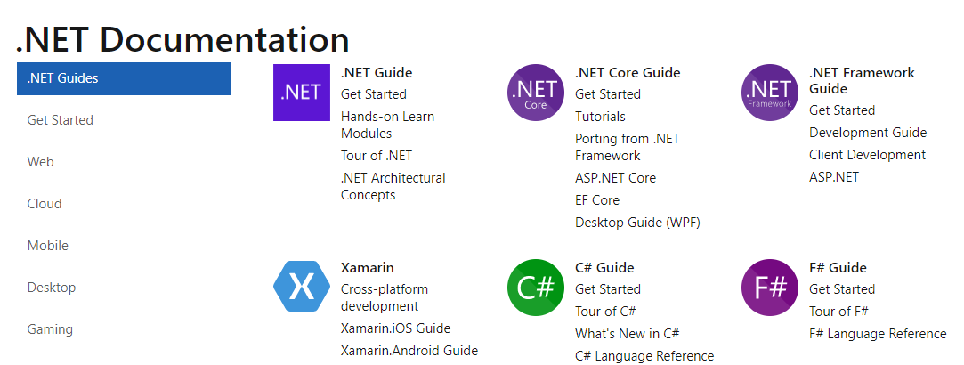 .NET Documentation screen