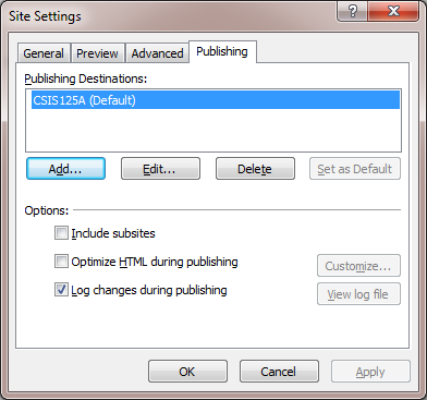Expression Web 3 Site Settings dialog box displaying the publishing tab.