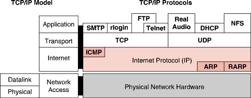 Diagram of the protocols that comprise the TCP/IP protocol suite.